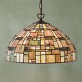 Tiffany-style pendant light with a geometric stained glass dome shade in amber, green, and pink earth tones.