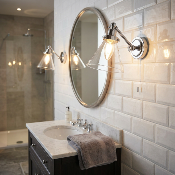 Endon Faraday chrome wall light with a clear glass shade mounted on white subway tiles above a bathroom vanity.