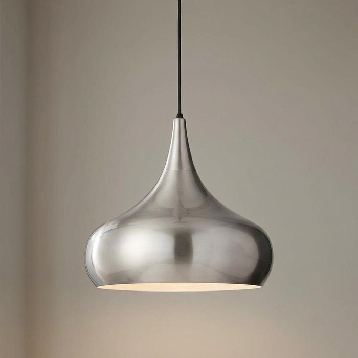 Large brushed steel teardrop pendant light hanging from a black cord against a neutral background.