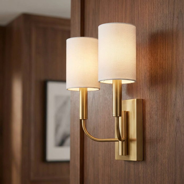 Modern 2-light brass wall sconce with white fabric shades mounted on a dark wood wall.
