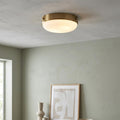 Feiss Cadence antique brass flush ceiling light with an opal glass dome against a light green wall.
