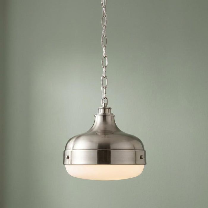 Feiss Cadence brushed steel pendant ceiling light with an opal glass shade and chain suspension.
