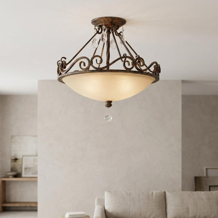 Feiss Chateau 2-light bronze semi-flush ceiling light with ornate scrollwork and crystal drops in a neutral interior.