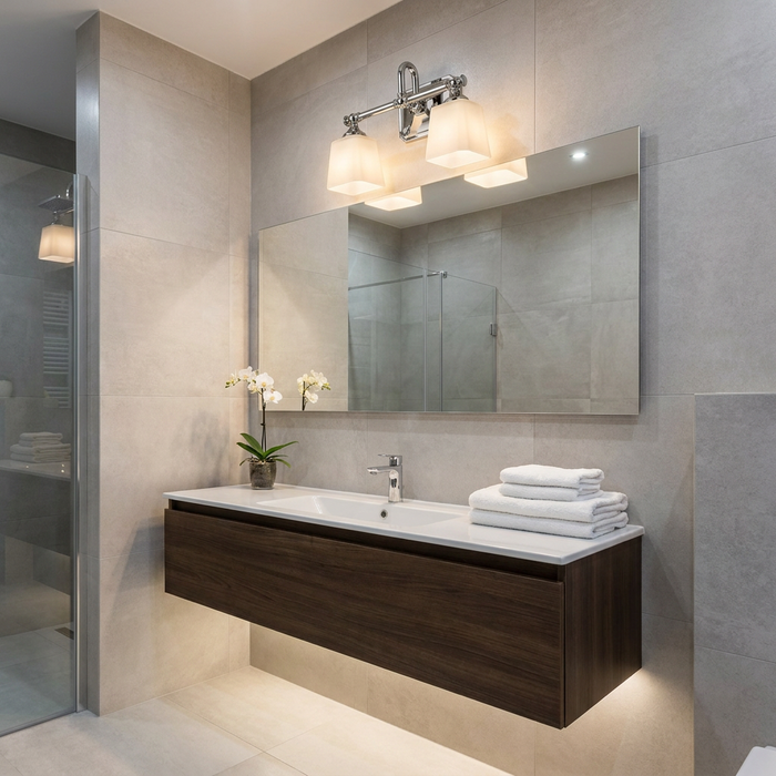 Feiss Concord 2-light chrome fixture with frosted shades mounted above a mirror in a modern grey bathroom.