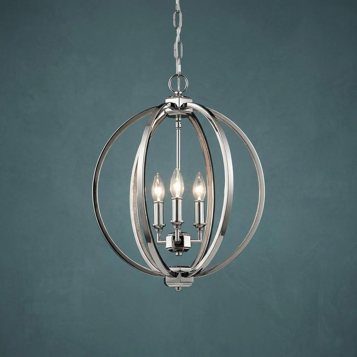 Feiss Corinne 3-light polished nickel orb pendant ceiling light with candle bulbs against a blue-grey wall.