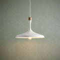 A matte white pendant light with a wood accent and warm bulb, hanging against a muted green wall.