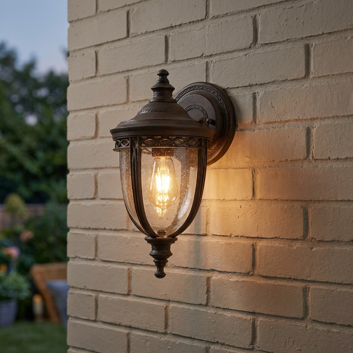 Feiss English Bridle bronze outdoor wall light with a glowing bulb, mounted on a tan brick wall.