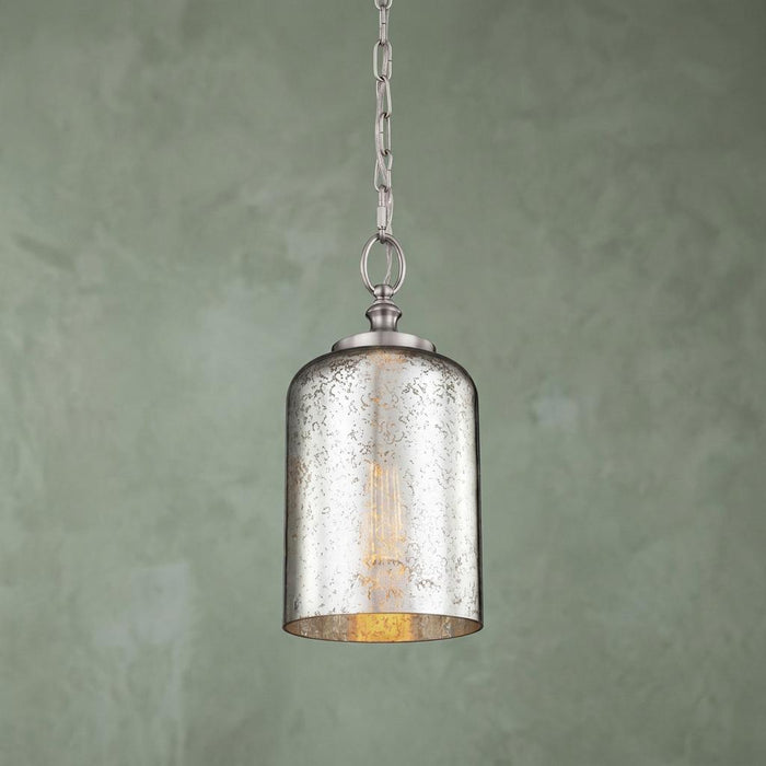 Feiss Hounslow brushed steel pendant light featuring a speckled mercury glass cylindrical shade and Edison bulb.