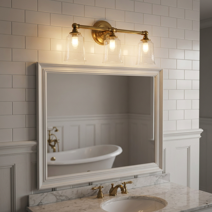 Three-light brass vanity fixture with glass shades mounted above a mirror in a white tiled bathroom.
