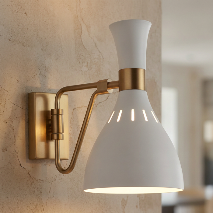 Feiss Joan 1-light white and brass wall light with a cone-shaped shade mounted on a textured beige wall.