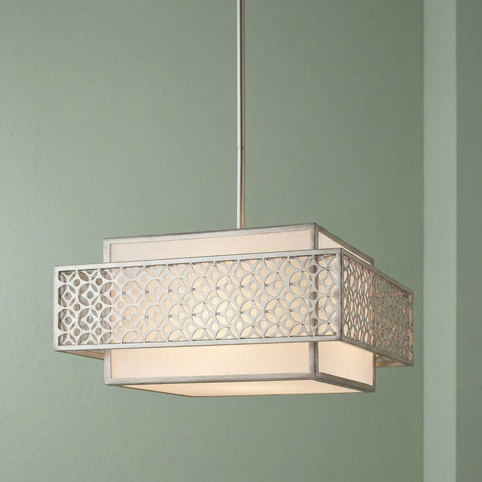 Feiss Kenney 3 Light Silver Pendant Ceiling Light featuring a decorative lattice frame and white fabric shade.
