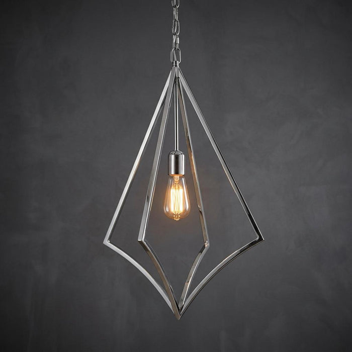 Geometric polished chrome diamond pendant light with a single Edison bulb against a dark gray background.