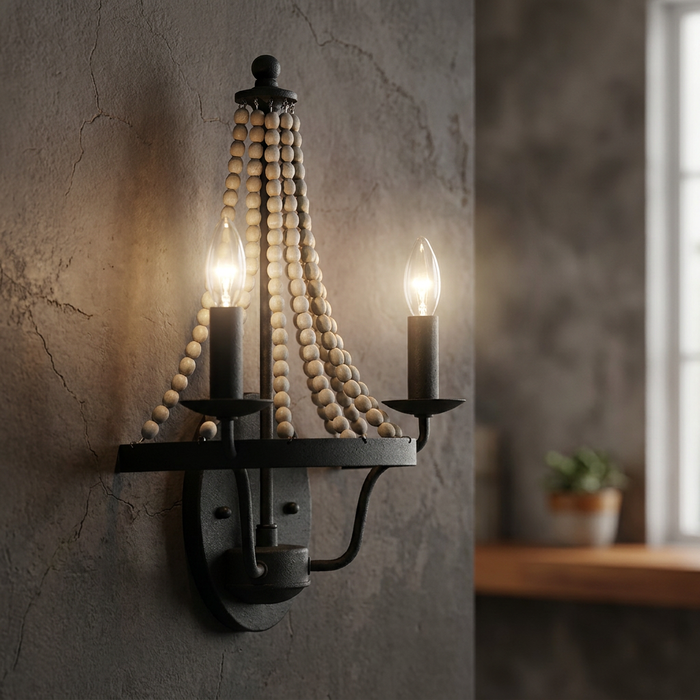 Feiss Nori 2-light wall sconce with grey wooden beads and a dark zinc finish lit against a textured wall.