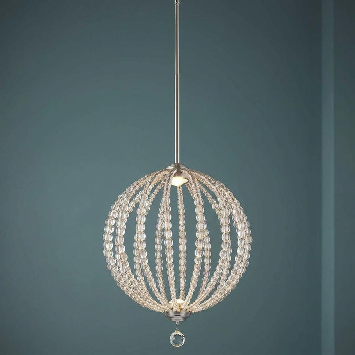 Feiss Oberlin Medium LED Pendant featuring a spherical cage of crystal beads and satin nickel accents.