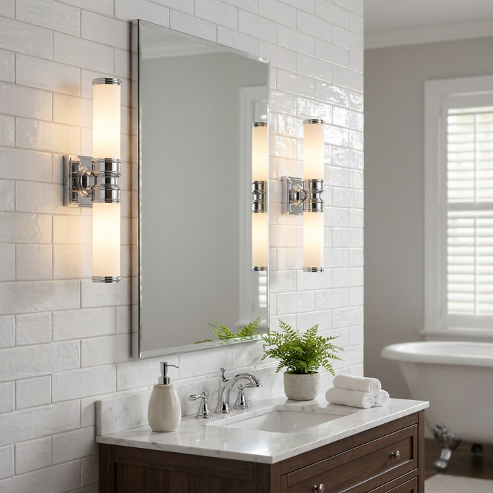 Two chrome twin-arm wall lights with opal glass cylinders flanking a bathroom mirror on white subway tiles.