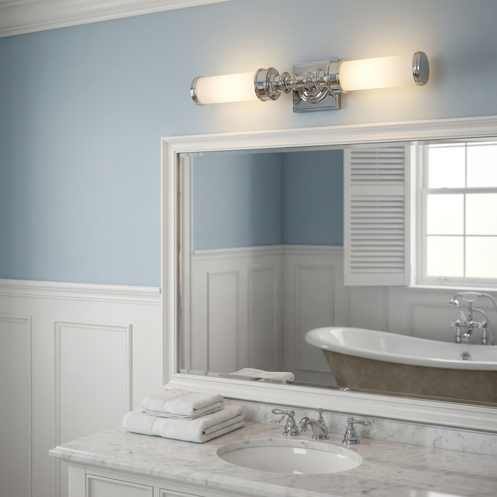 Chrome twin arm wall light with opal glass shades mounted above a bathroom mirror on a light blue wall.