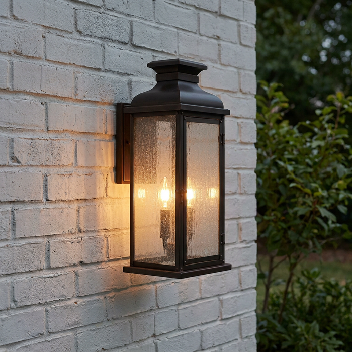 Feiss Pediment outdoor wall lantern with two glowing bulbs, mounted on a white brick wall.