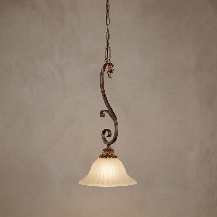 Feiss Sonoma Valley small pendant ceiling light with tortoise shell scrollwork and a frosted cream glass shade.