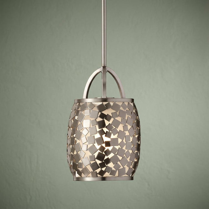 Feiss Zara 1 light brushed nickel ceiling pendant with a mosaic square tile shade against a textured green wall.
