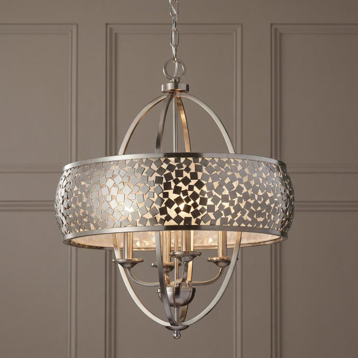 Feiss Zara 4 Light Chrome Pendant Ceiling Light featuring a mosaic-style metal shade and curved orb frame.