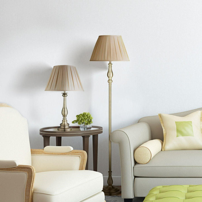 flemish brass floor lamp mink pleated shade   by searchlighting lighting, living room image