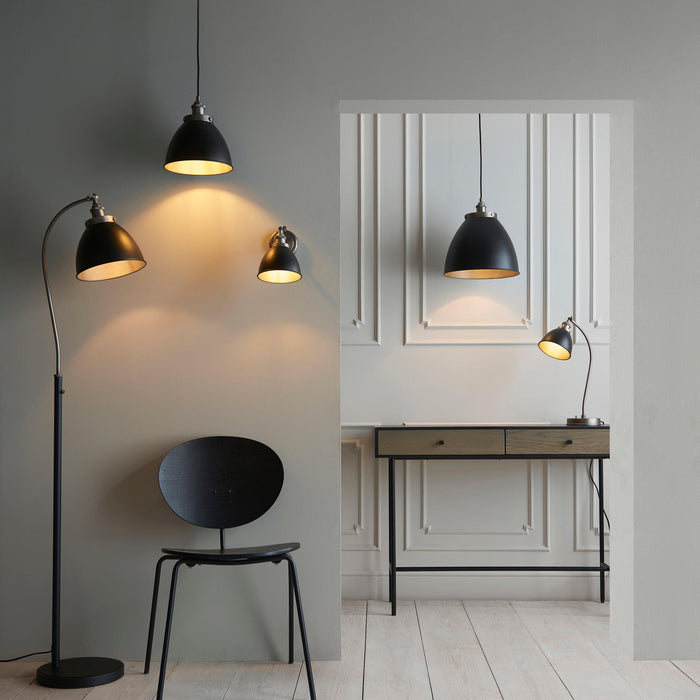 Franklin Pewter Industrial Style Ceiling Pendant - 34cm-Ceiling Pendant Lights-Endon Lighting Living Room Wide Shot Lighting Tiffany Lighting Direct