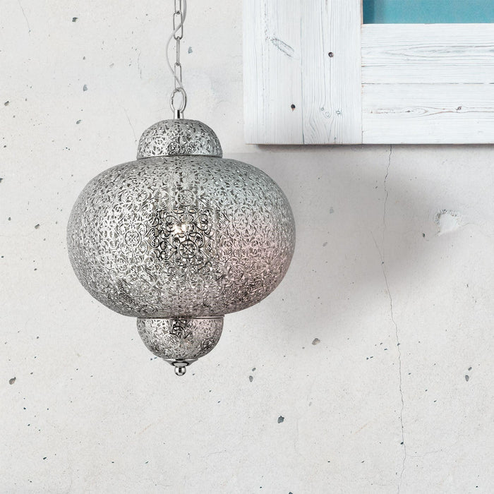 Fretwork 1 Light Moroccan Inspired Shiny Nickel Pendant-Ceiling Pendant Lights-5-Tiffany Lighting Direct