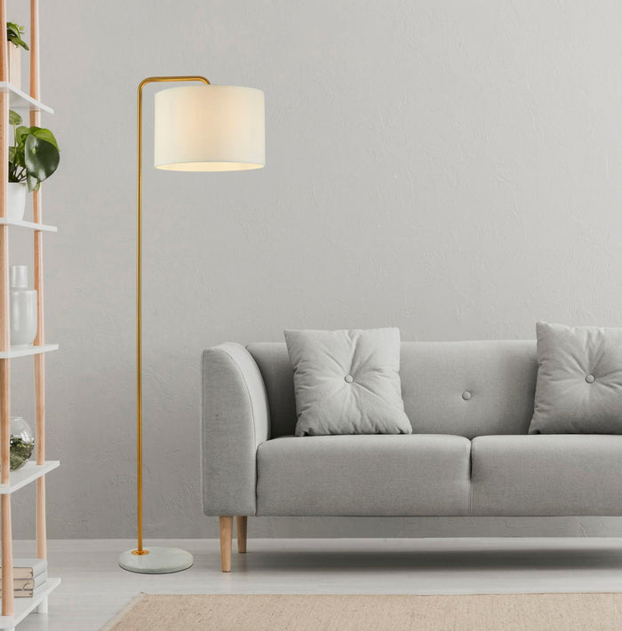 gallow marbled based gold floor lamp white shade   by searchlighting lighting, living room image