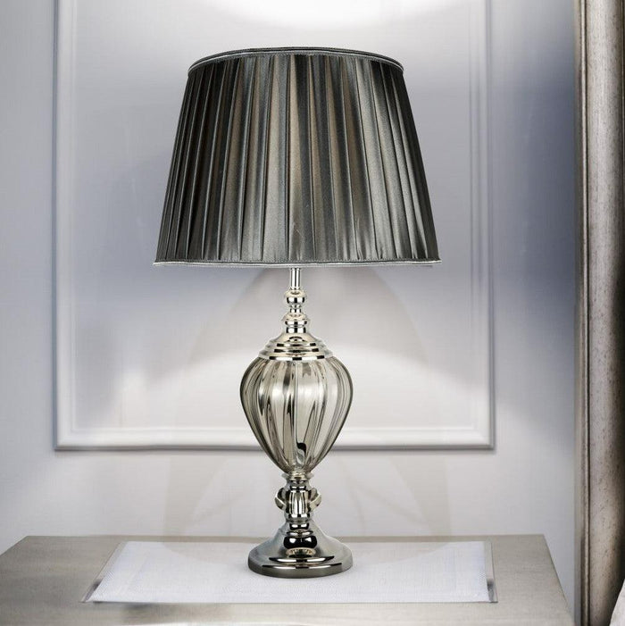 Greyson Clear Glass Urn Table Lamp - Grey Pleated Shade-Living-Room-Tiffany Lighting Direct-[image-position]