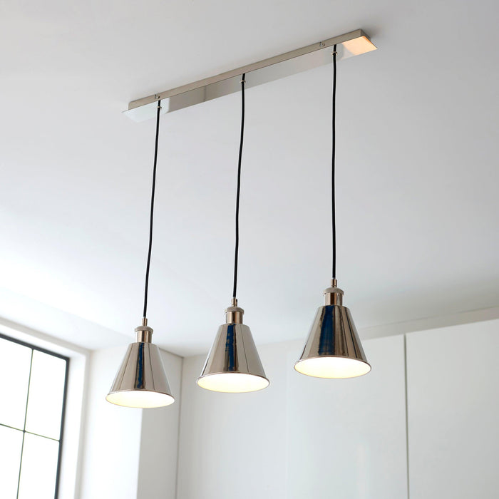 Putney Nickel 3 Light Adjustable Ceiling Pendant-Ceiling Pendant Lights-Living Lights Living Room Close Up Lighting Tiffany Lighting Direct