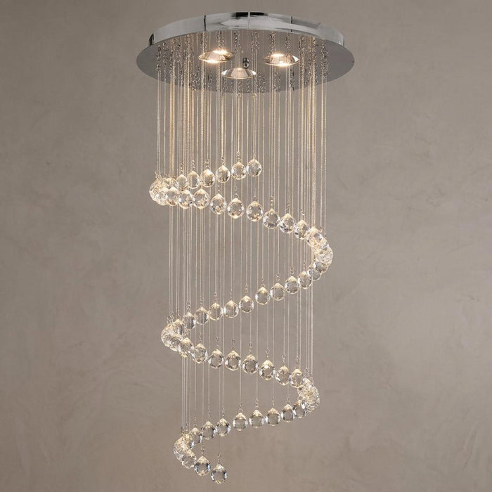 Spiral cascading ceiling pendant with crystal ball droplets hanging from a polished chrome base.