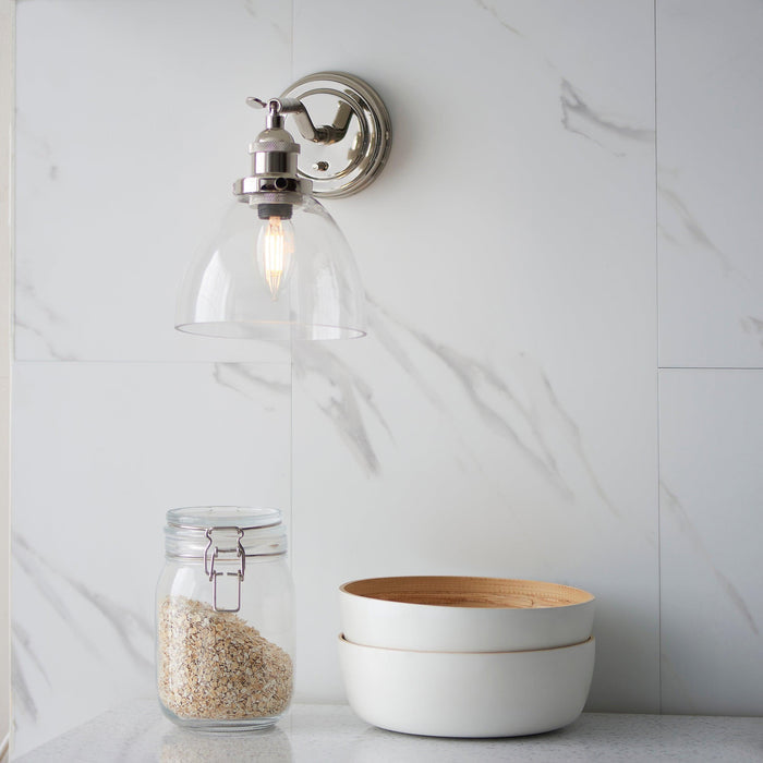 hansen nickel wall light with clear glass shade by Endon Lighting Bedroom Hero Shot