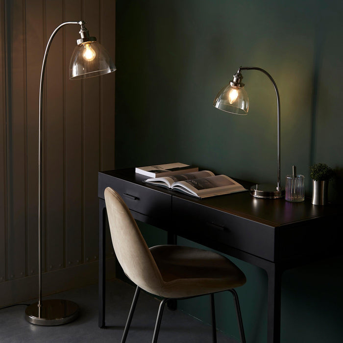 hansen nickel floor lamp with clear glass shade by Endon Lighting Living Room Family Shot