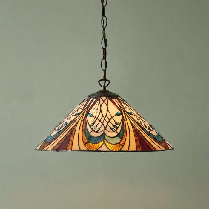 Art nouveau Tiffany-style ceiling pendant with a colourful conical stained glass shade hanging from a chain.