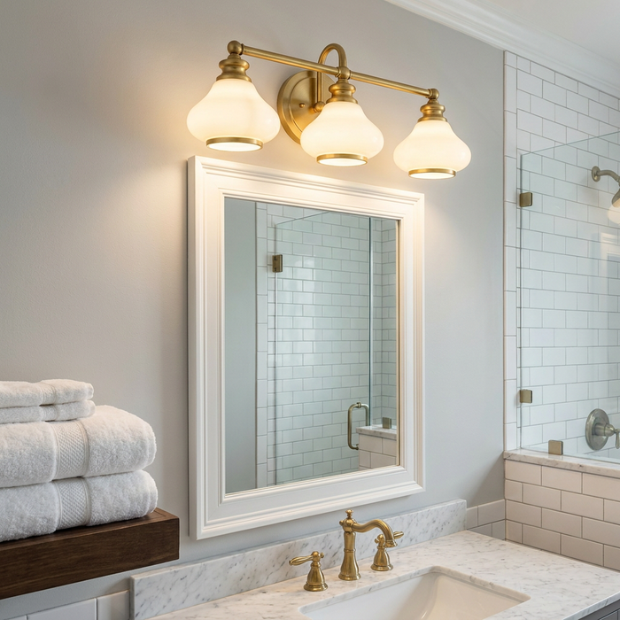 Hinkley Ainsley 3-light brass vanity light with opal glass shades above a white-framed bathroom mirror.