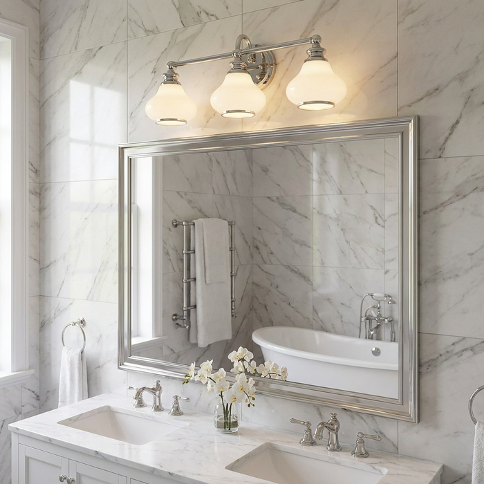 Hinkley Ainsley three-light chrome wall fixture with white shades above a mirror in a marble-tiled bathroom.