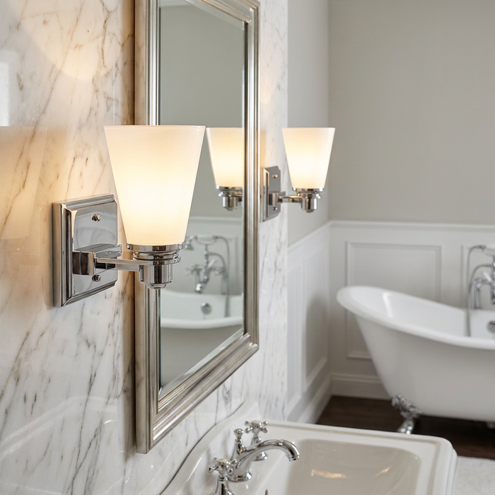 Hinkley Avon polished chrome bathroom wall light with frosted glass shade mounted on a marble wall beside a mirror.
