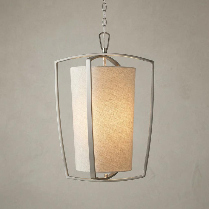 Hinkley Blakely large pendant light with a brushed nickel open frame and a glowing textured fabric inner shade.