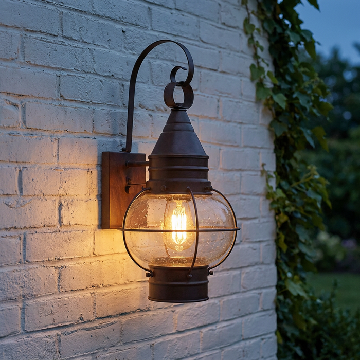 Sienna bronze lantern-style outdoor wall light with seeded glass and a warm glowing bulb on a white brick wall.