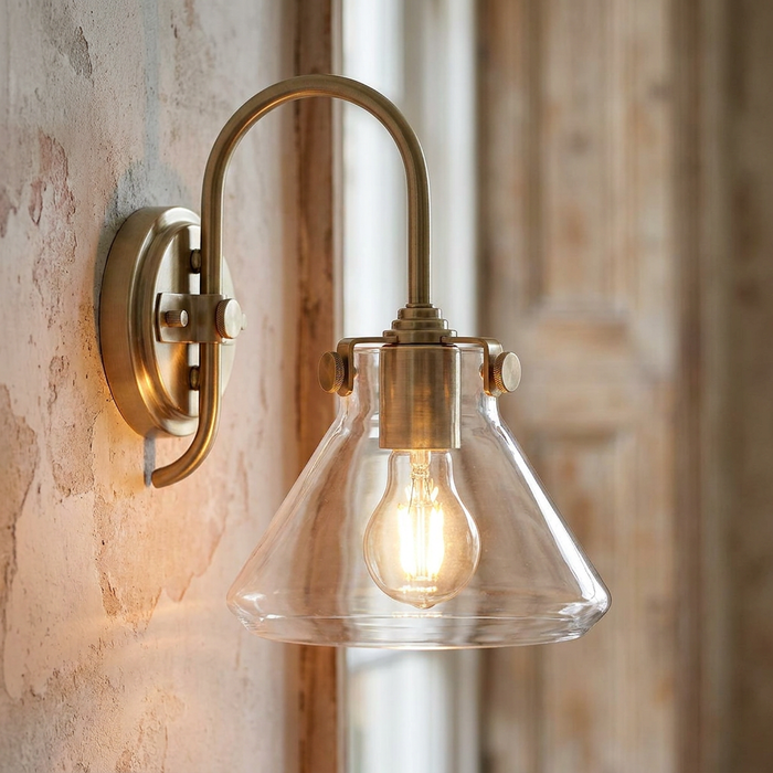 Caramel finish wall sconce with a clear glass tapered shade and glowing filament bulb on a rustic wall.