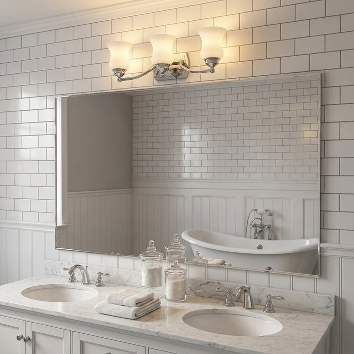 Three-light polished chrome bathroom wall light with white tulip shades mounted above a large vanity mirror.