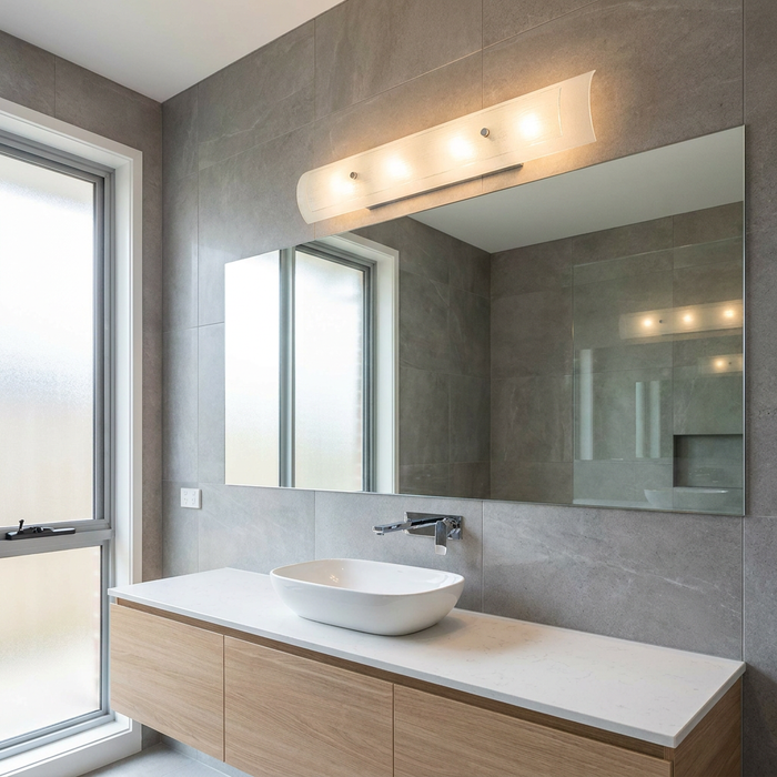 Hinkley Duet 4-light wall light above a bathroom mirror in a modern tiled room with a wood vanity.