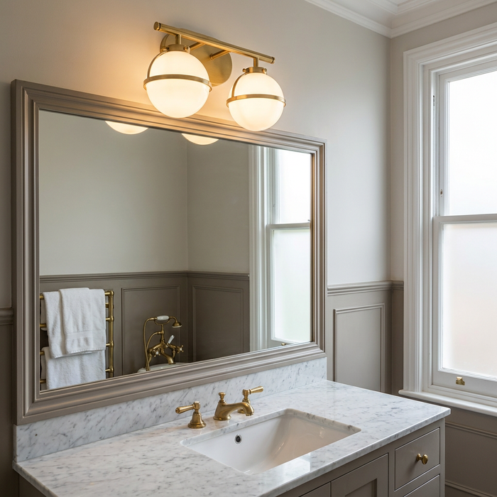 Two-light brass wall sconce with opal glass globes mounted above a framed bathroom mirror with a marble vanity.