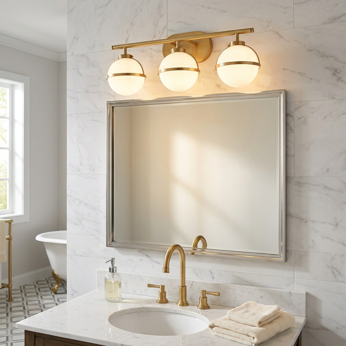 Three-light brass vanity light with opal globes mounted above a silver mirror in a white marble bathroom.