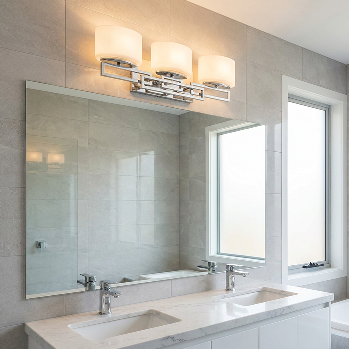 Hinkley Lanza 3-light chrome wall fixture with opal glass shades mounted above a large mirror in a modern bathroom.