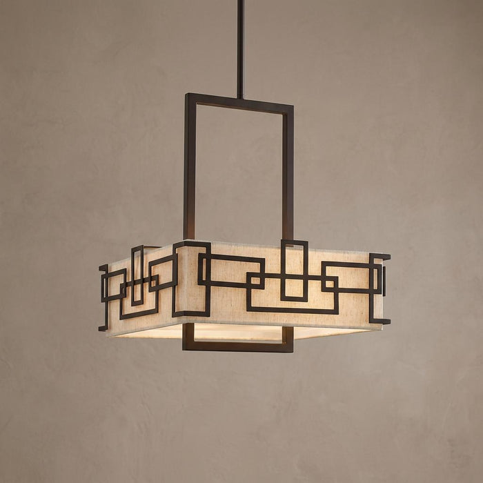 Hinkley Lanza oil-rubbed bronze ceiling pendant featuring a geometric cage frame and cream fabric shade.