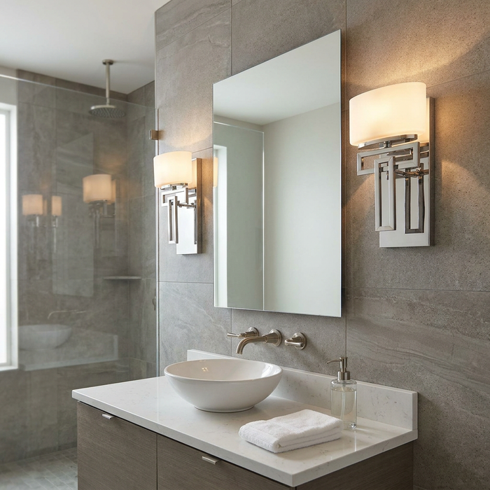 Two Hinkley Lanza polished chrome wall lights with white shades flank a mirror in a modern tiled bathroom.