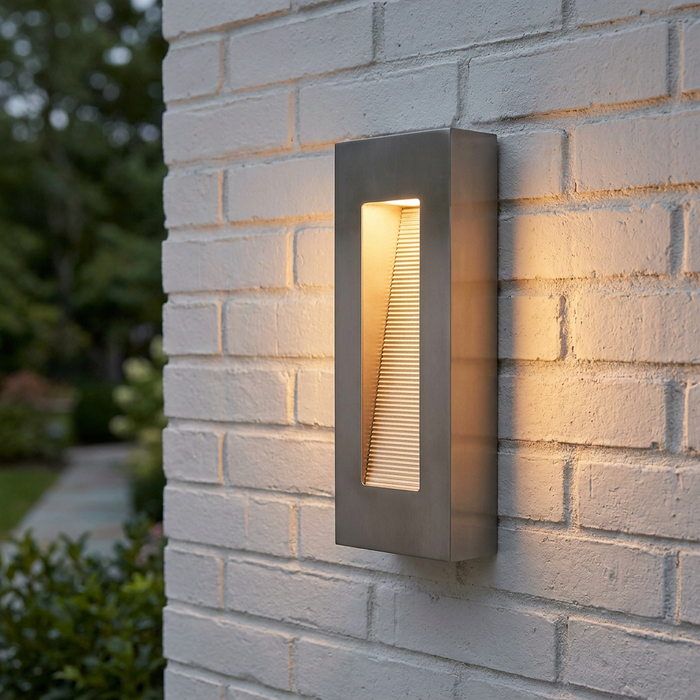 A sleek titanium rectangular outdoor wall light with a warm ribbed interior mounted on a white brick wall.