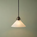 Bronze pendant ceiling light with a conical etched white glass shade against a soft green background.