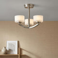 Three-light Hinkley Meridian semi-flush ceiling fixture with brushed nickel finish and opal glass shades.